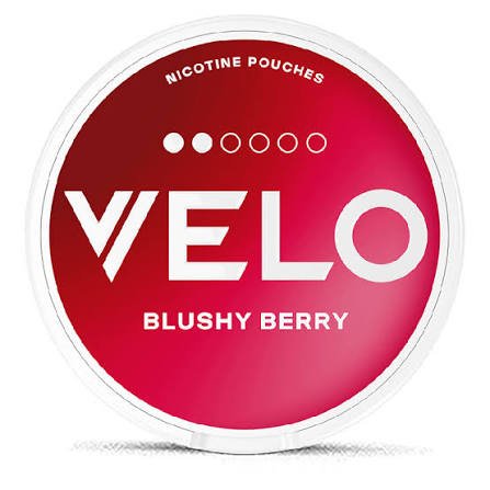 A can of Velo Blushy Berry slim nicotine pouches displaying the berry flavor design.