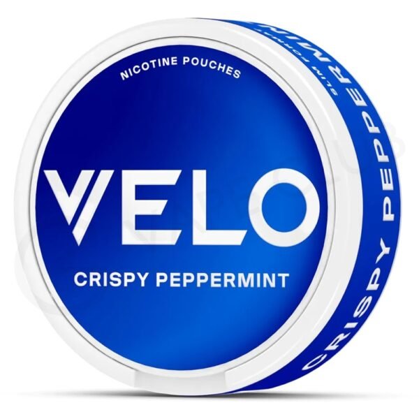 A can of Velo Crispy Peppermint slim nicotine pouches with a crisp mint design.