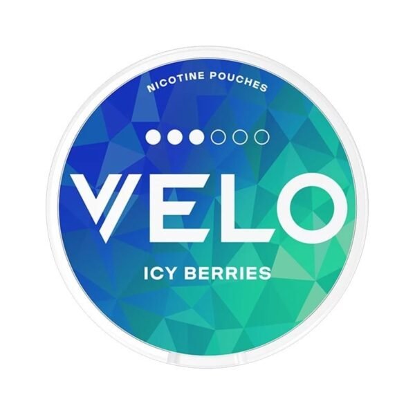 A can of Velo Icy Berries slim nicotine pouches featuring the icy dark berry flavor design.